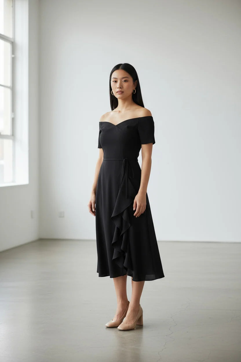 Bardot Frill Midi Dress Black