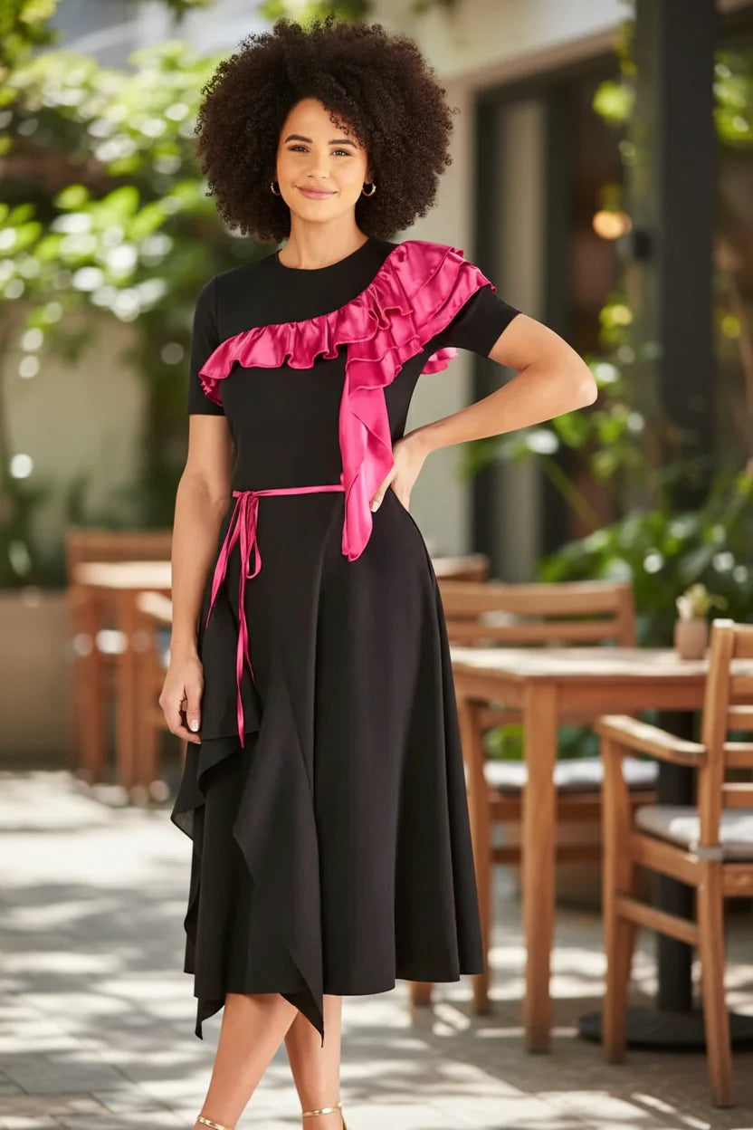 Satin Frill Neck Bardot Midi Dress Pink Black