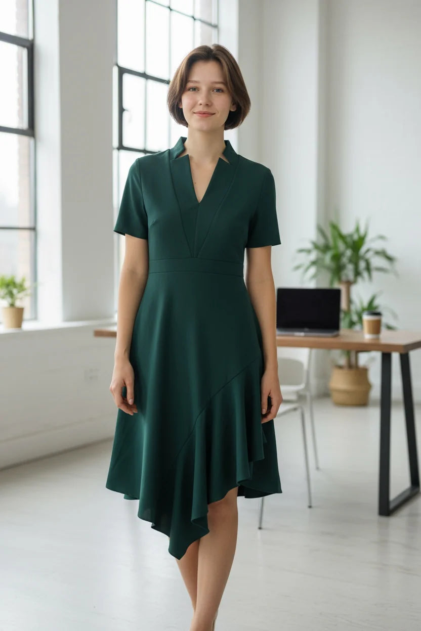 Asymmetrical V Collar Midi Dress Green