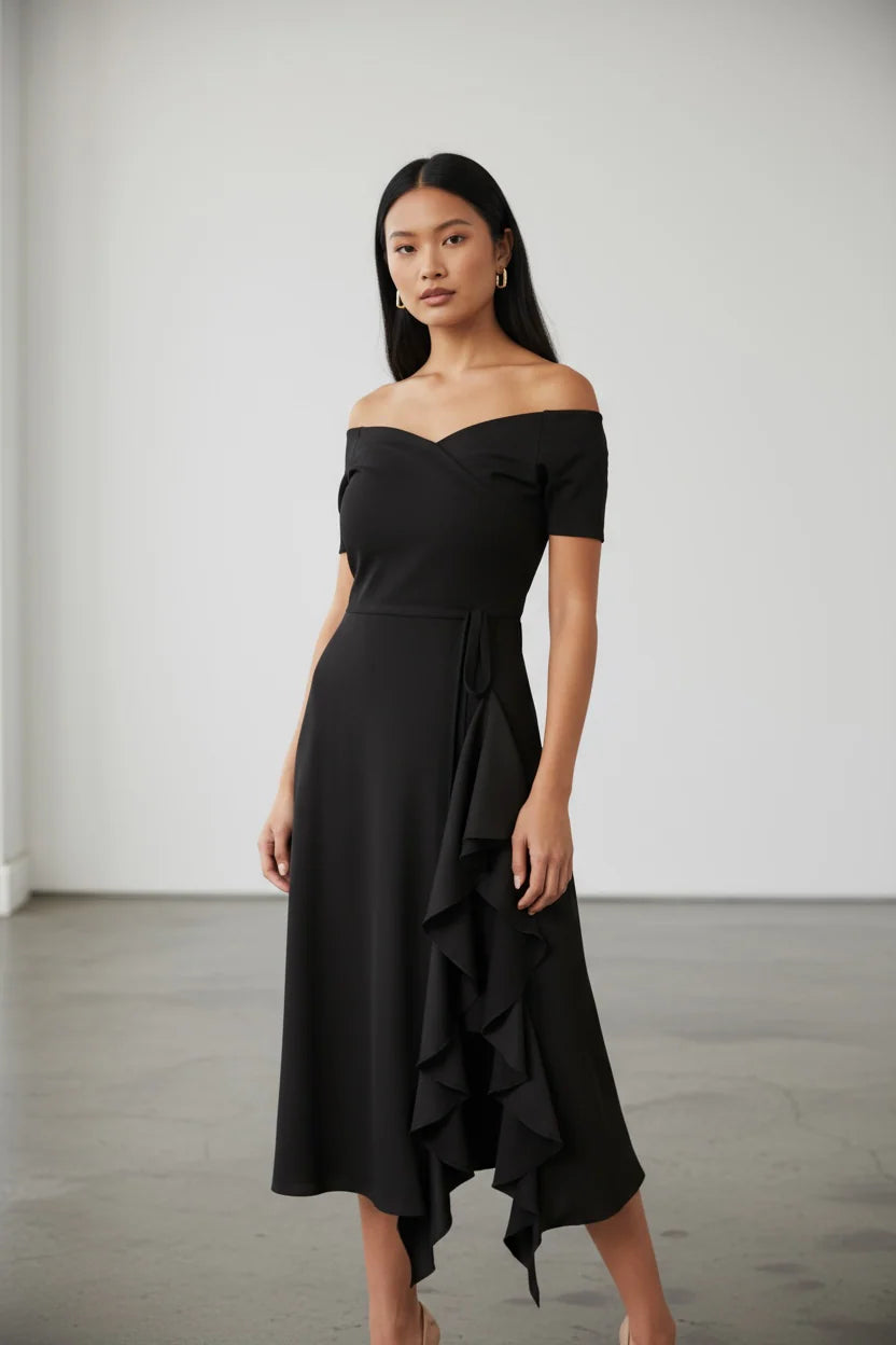 Bardot Frill Midi Dress Black