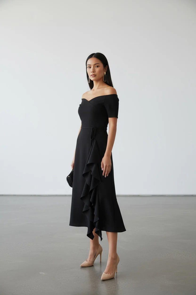 Bardot Frill Midi Dress Black