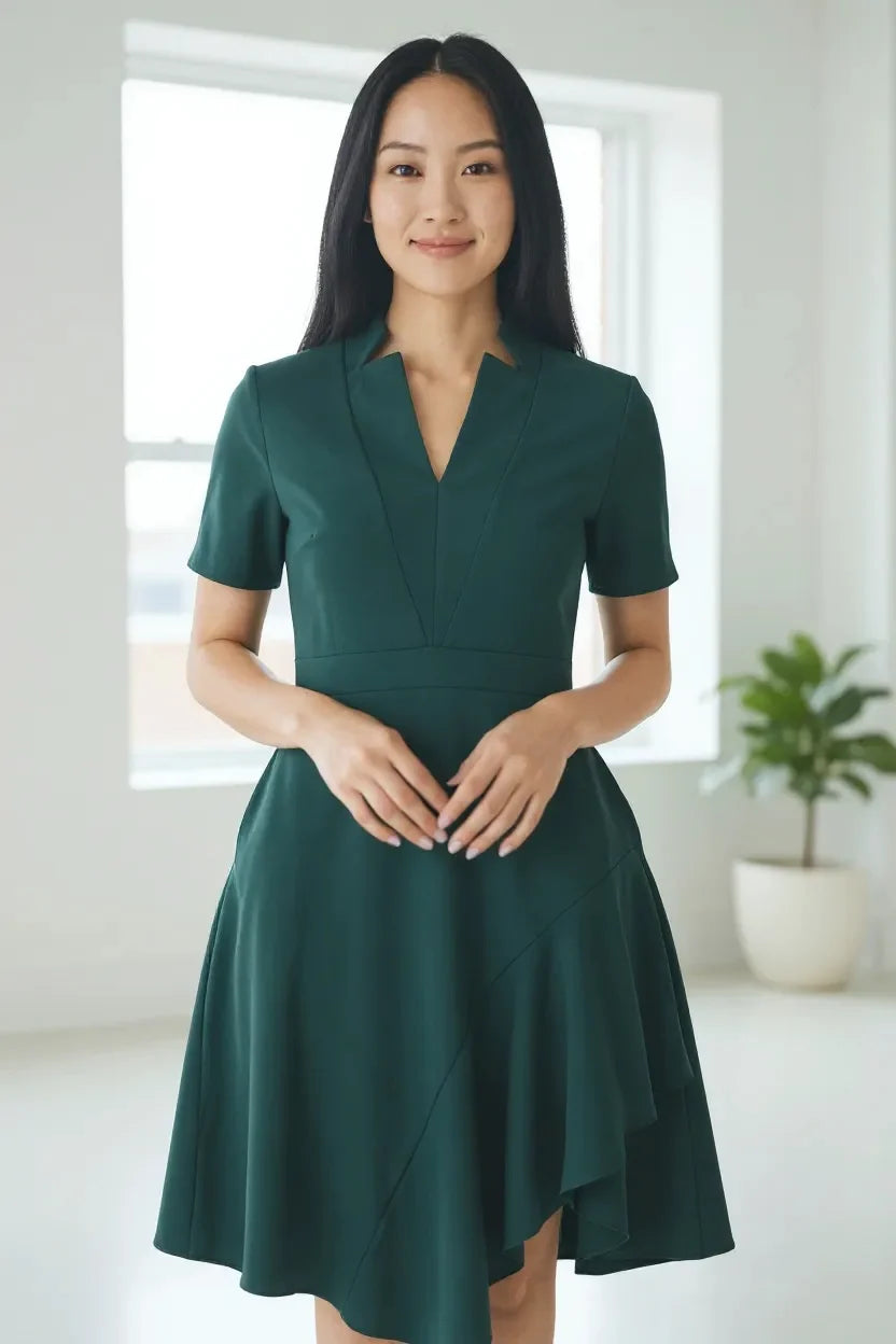 Asymmetrical V Collar Midi Dress Green