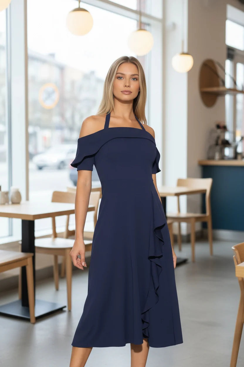 Bardot Off Shoulder Frill Midi Dress Navy