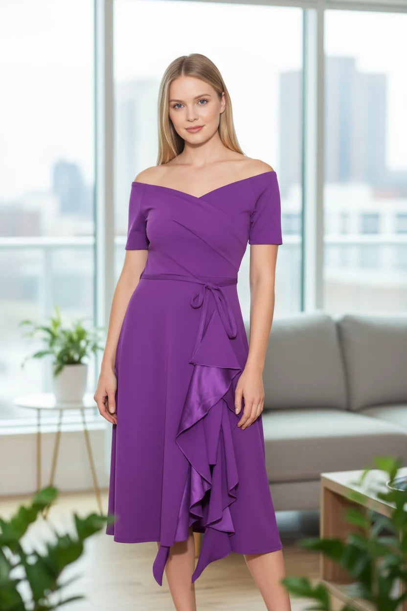 Frill Bardot Midi Dress Purple